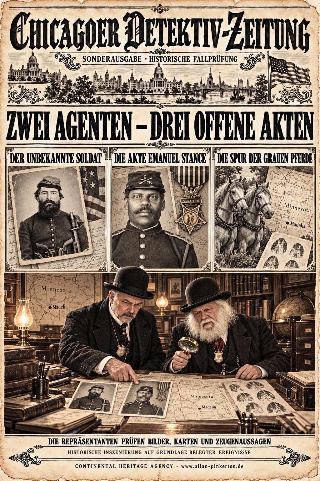 III · Case Files · Drei offene Akten — bereitgestellte künstlerische CHA-Inszenierung
