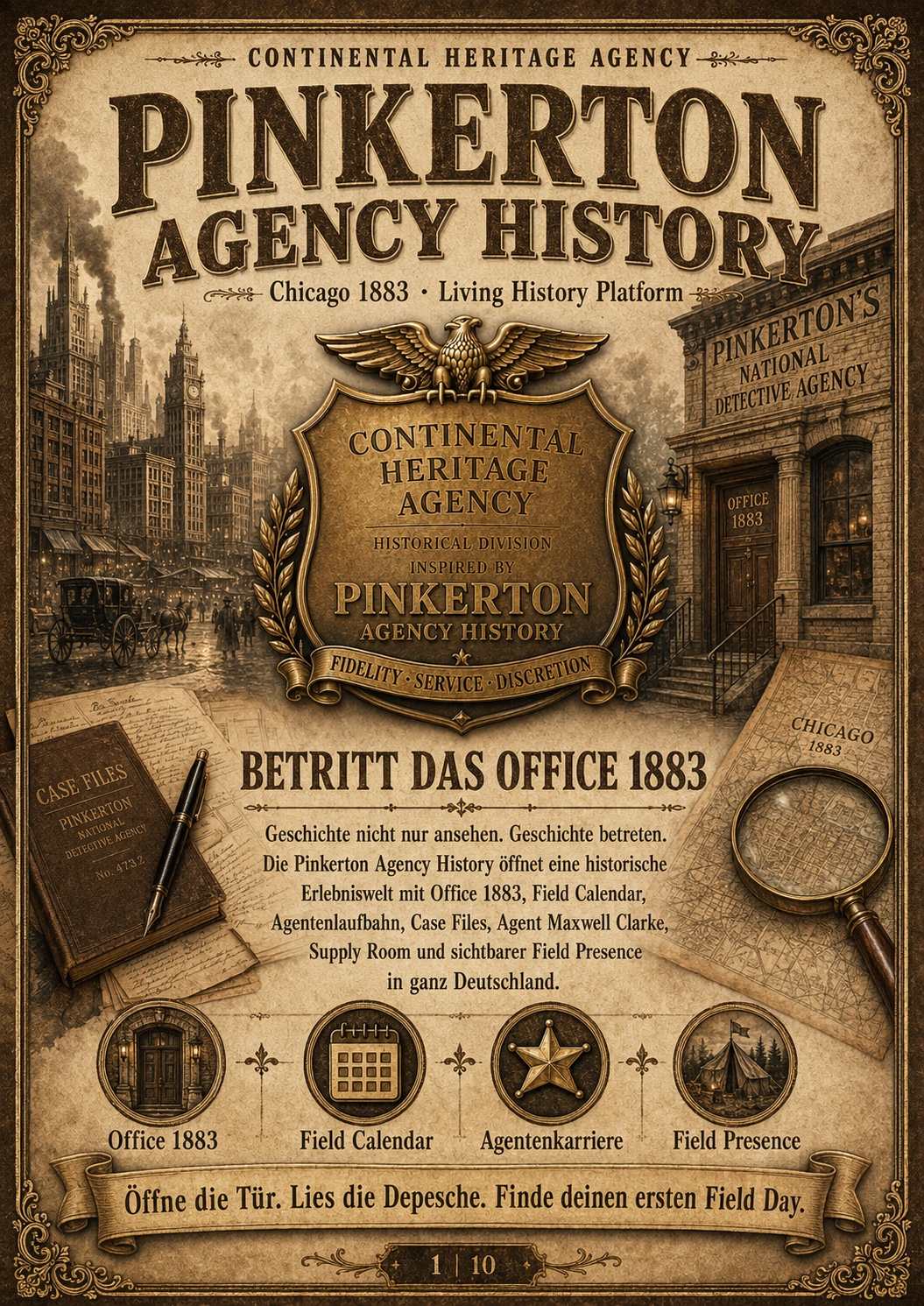 Pinkerton Agency History – Betritt das Office 1883, Bildtafel mit Emblem und Chicago-Kulisse