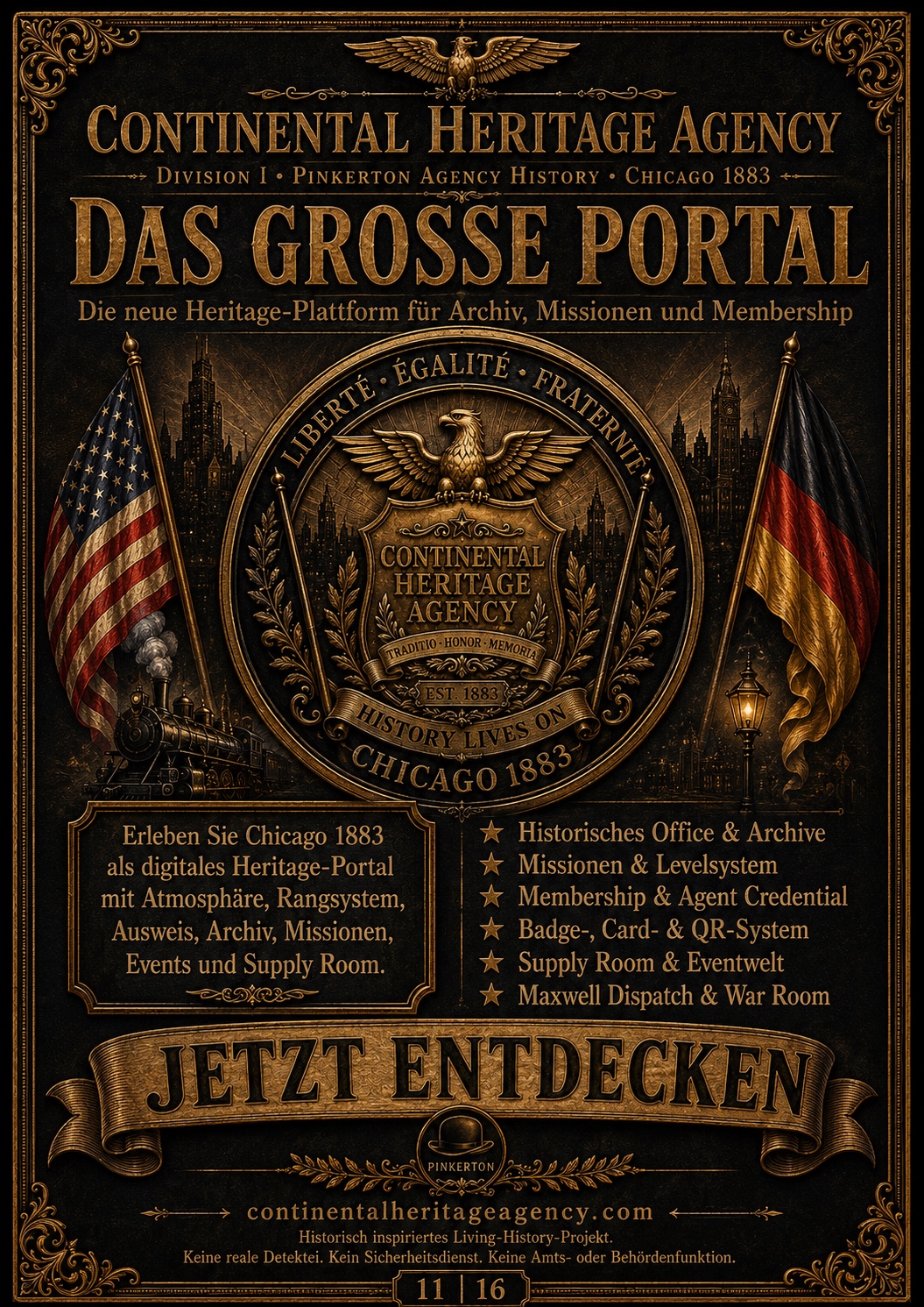 Das große Portal der Continental Heritage Agency, schwarz-goldenes Bildmotiv mit Emblem