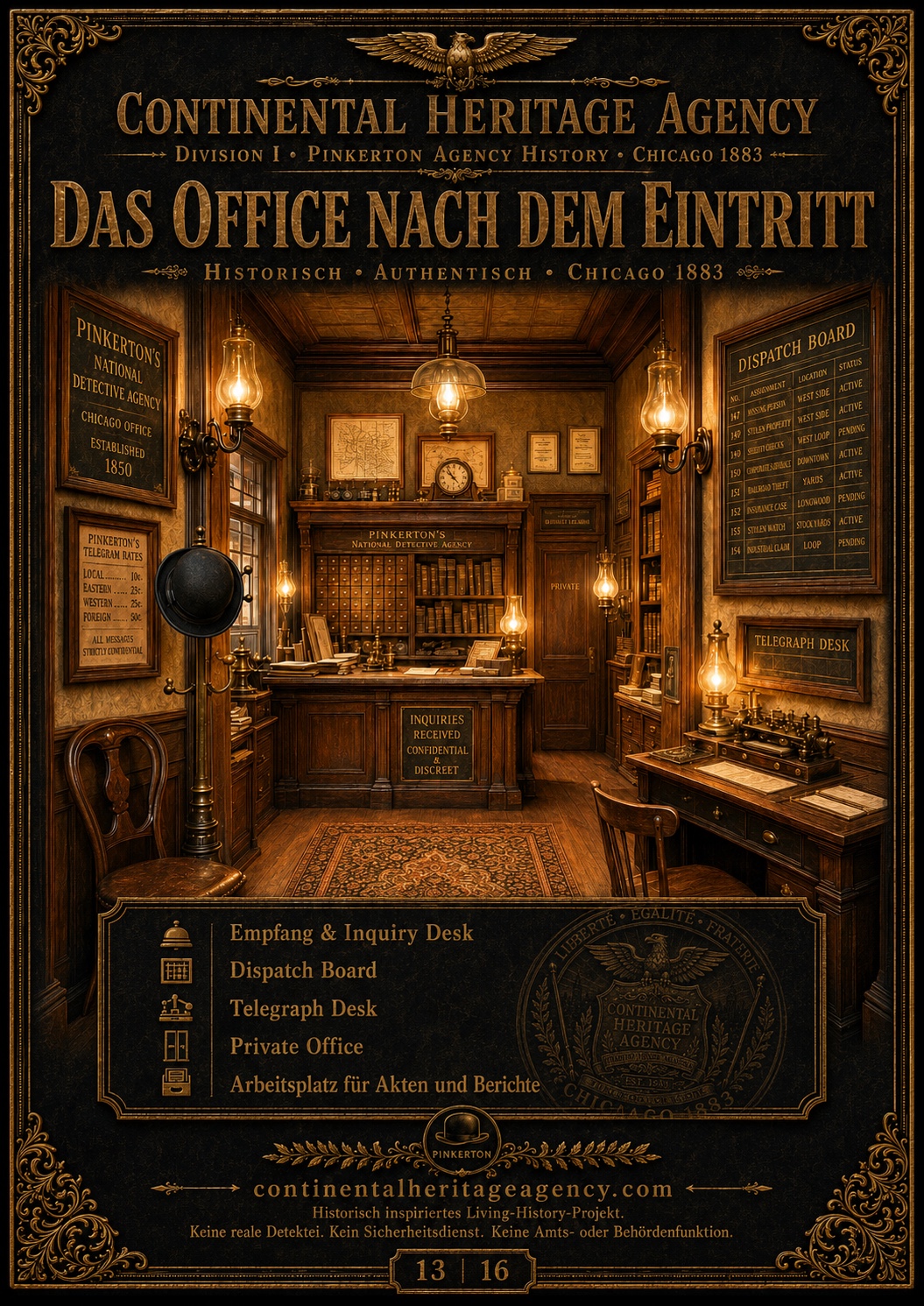 Illustrierter Empfangsraum mit Akten, Telegraph Desk und Dispatch Board