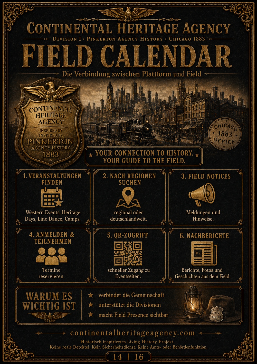 Field-Calendar-Bildtafel mit Veranstaltungen, Regionen, Hinweisen und Nachberichten
