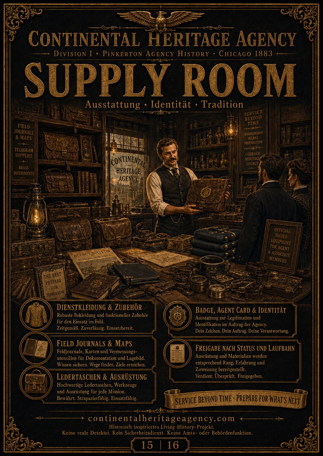 Illustrierter Supply Room mit Ledertaschen, Karten, Bekleidung und Abzeichen
