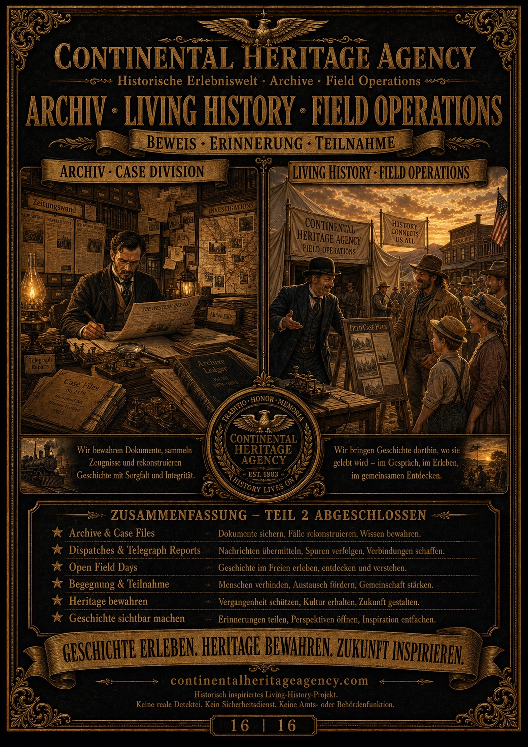 Bildmotiv mit Archivarbeit auf der linken und Living-History-Begegnung auf der rechten Seite